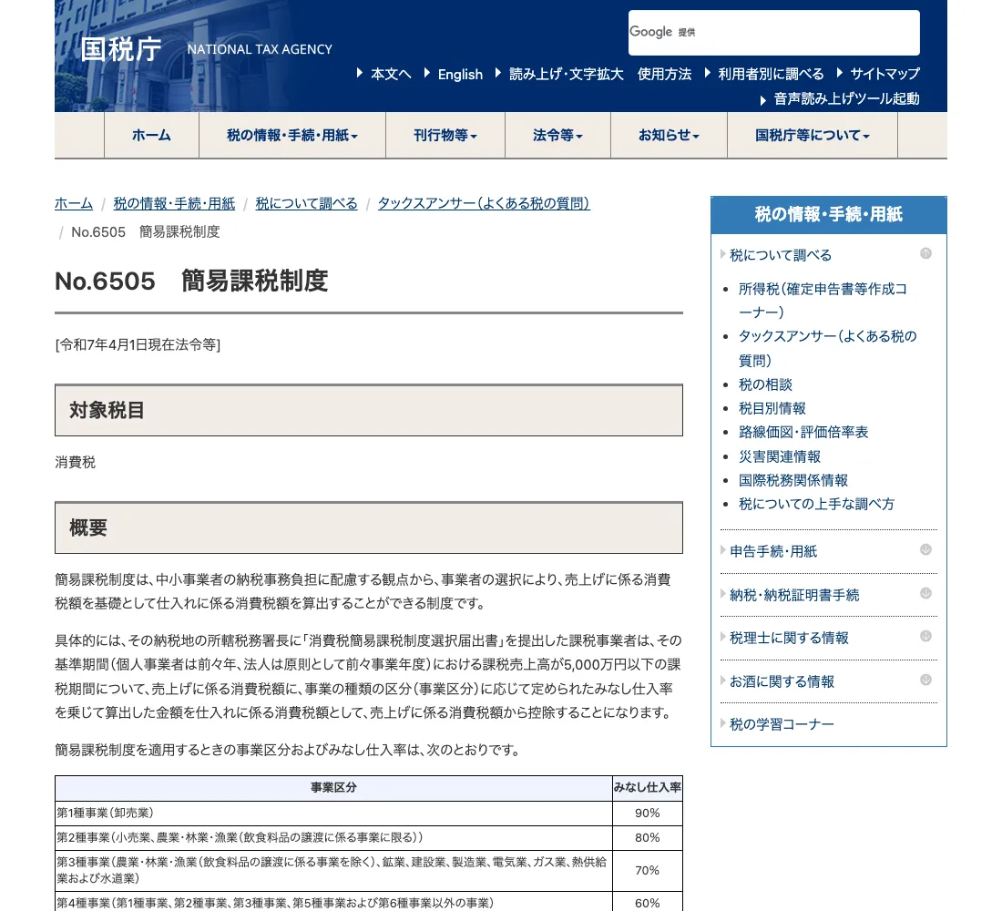 国税庁 タックスアンサー No.6505「簡易課税制度」の画面（2026年6月確認）